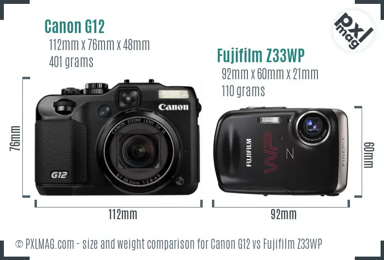 Canon G12 vs Fujifilm Z33WP size comparison