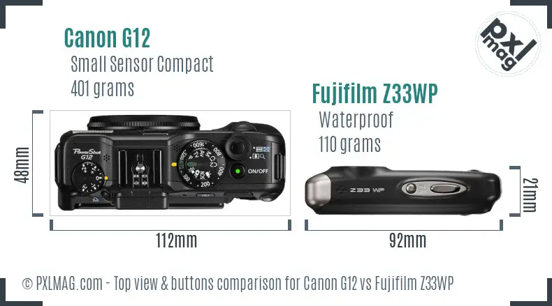 Canon G12 vs Fujifilm Z33WP top view buttons comparison