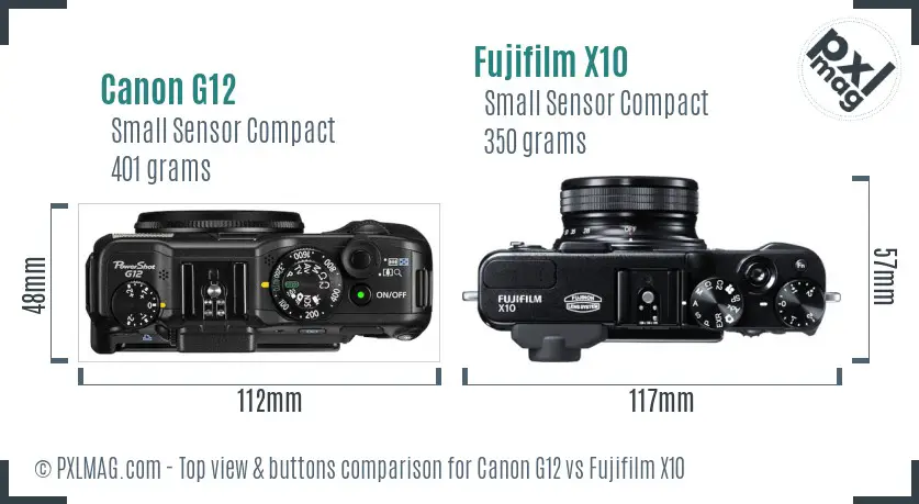 Canon G12 vs Fujifilm X10 top view buttons comparison