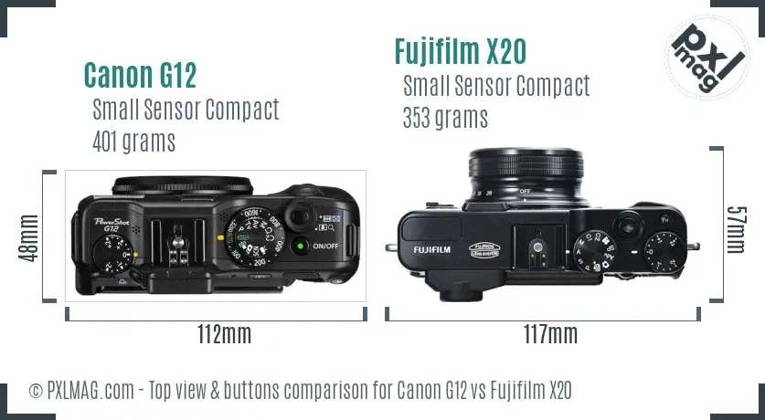 Canon G12 vs Fujifilm X20 top view buttons comparison