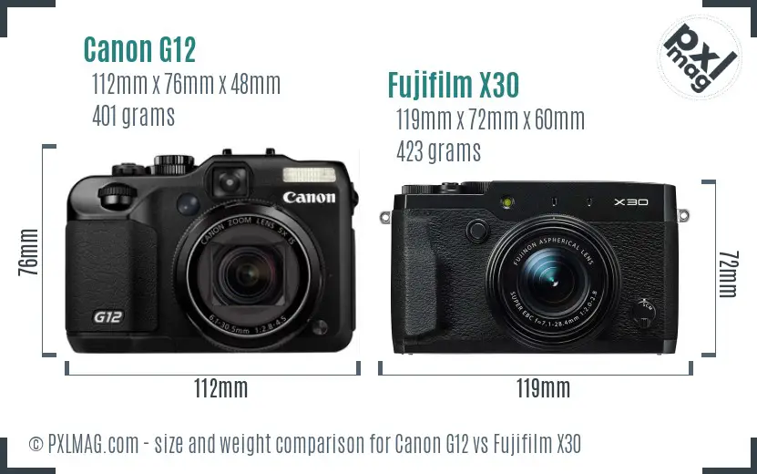 Canon G12 vs Fujifilm X30 size comparison