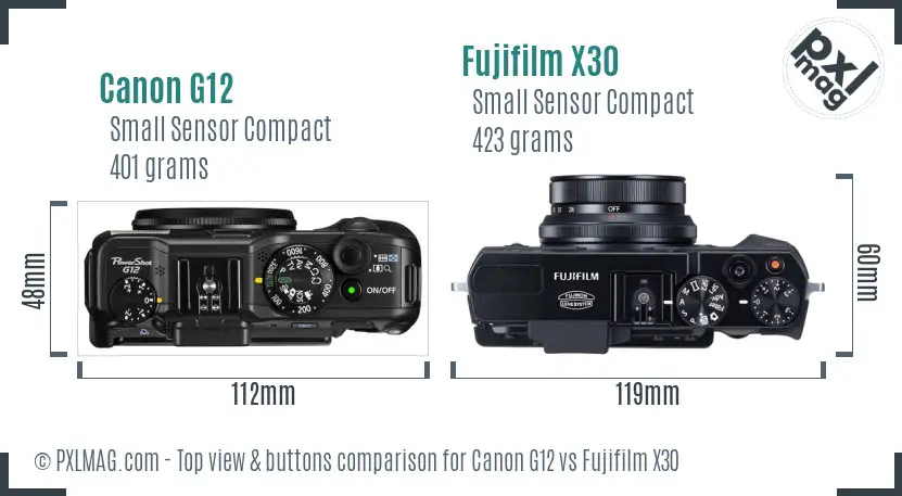 Canon G12 vs Fujifilm X30 top view buttons comparison