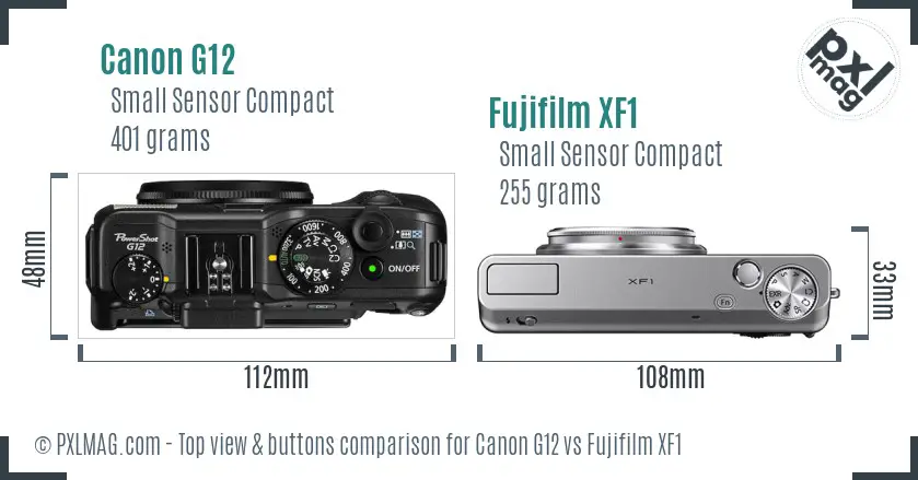 Canon G12 vs Fujifilm XF1 top view buttons comparison