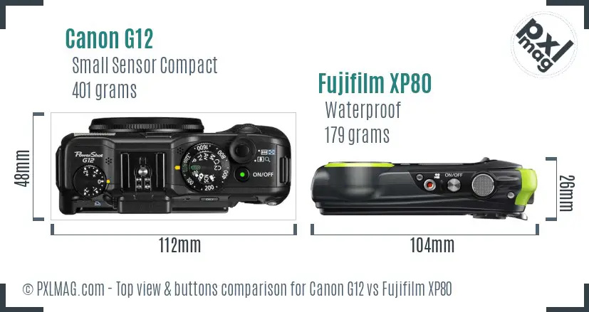 Canon G12 vs Fujifilm XP80 top view buttons comparison