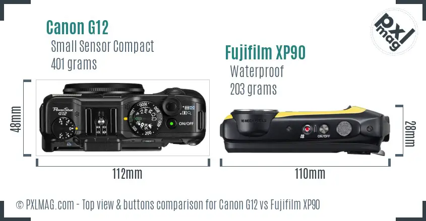 Canon G12 vs Fujifilm XP90 top view buttons comparison Canon G12 vs Fujifilm XP90 top view buttons comparison