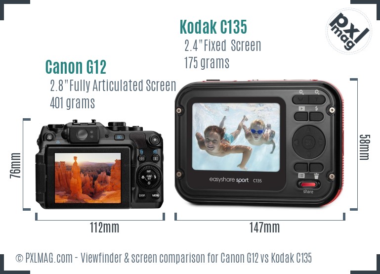 Canon G12 vs Kodak C135 Screen and Viewfinder comparison