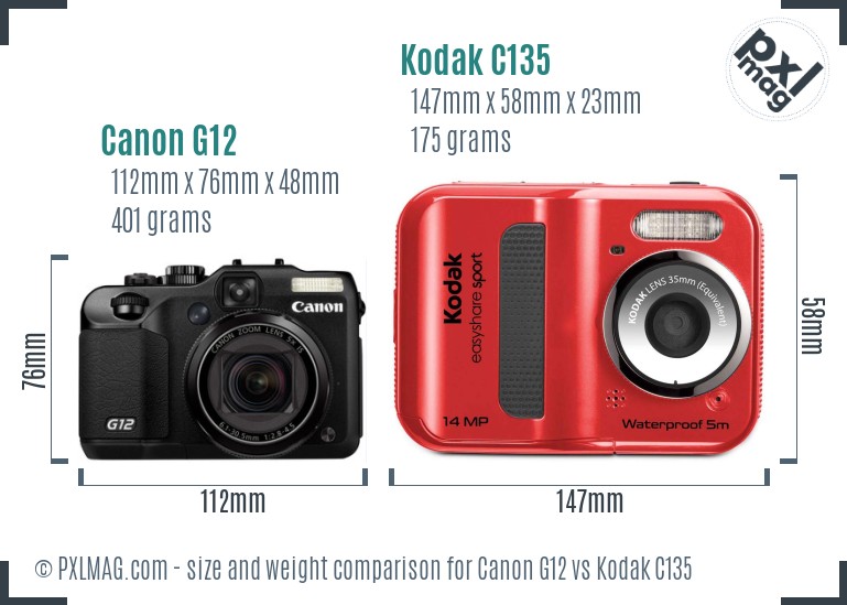 Canon G12 vs Kodak C135 size comparison