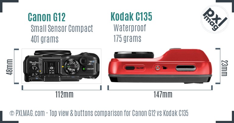 Canon G12 vs Kodak C135 top view buttons comparison