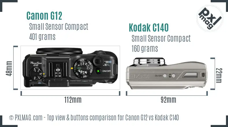 Canon G12 vs Kodak C140 top view buttons comparison