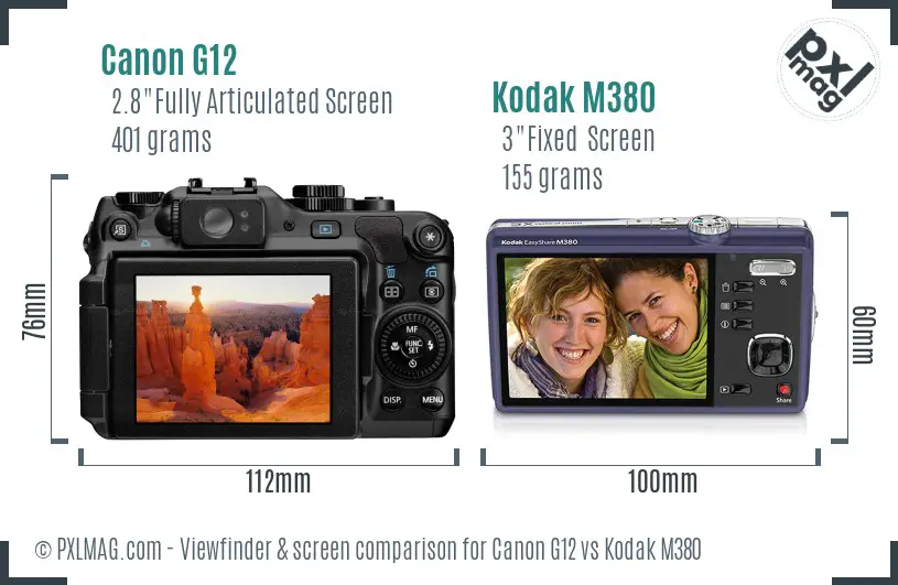 Canon G12 vs Kodak M380 Screen and Viewfinder comparison