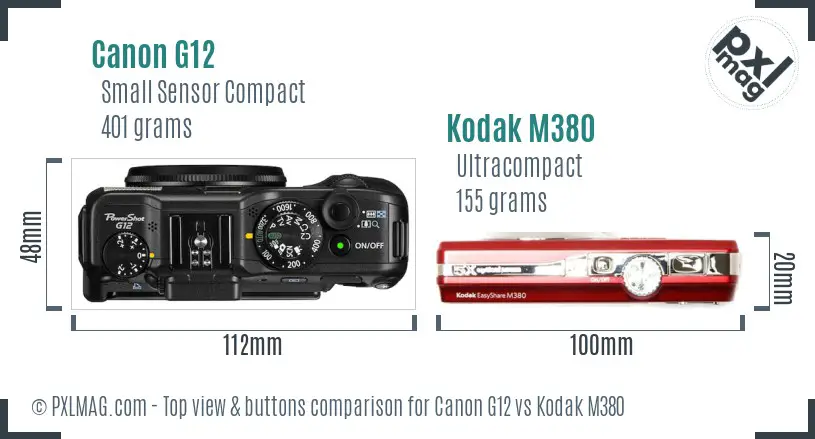 Canon G12 vs Kodak M380 top view buttons comparison