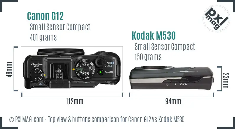 Canon G12 vs Kodak M530 top view buttons comparison