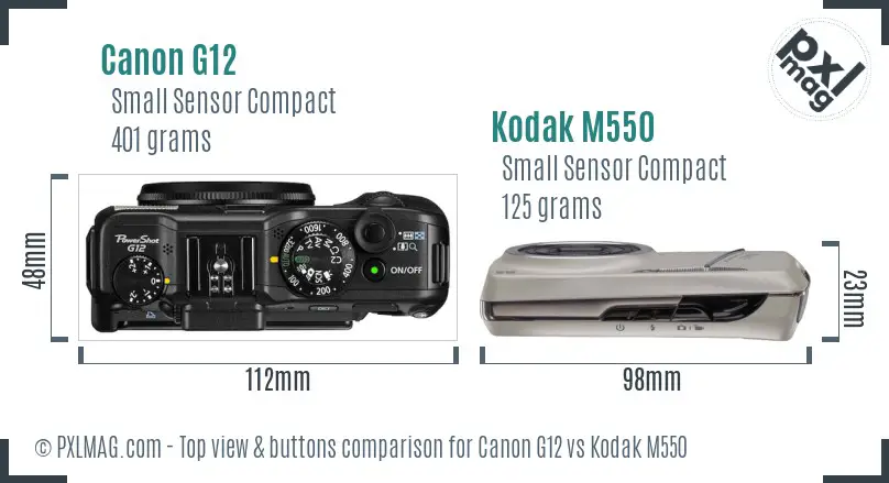 Canon G12 vs Kodak M550 top view buttons comparison