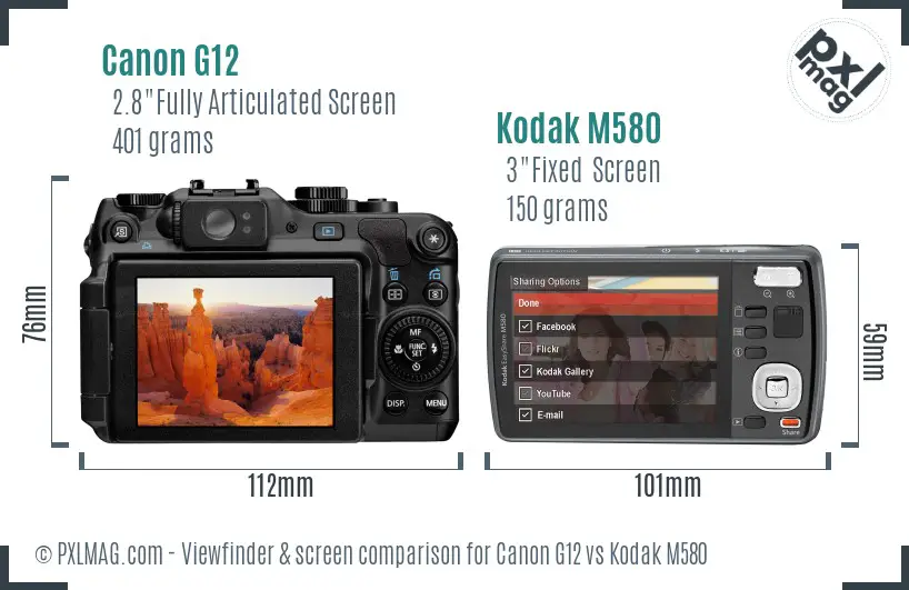 Canon G12 vs Kodak M580 Screen and Viewfinder comparison