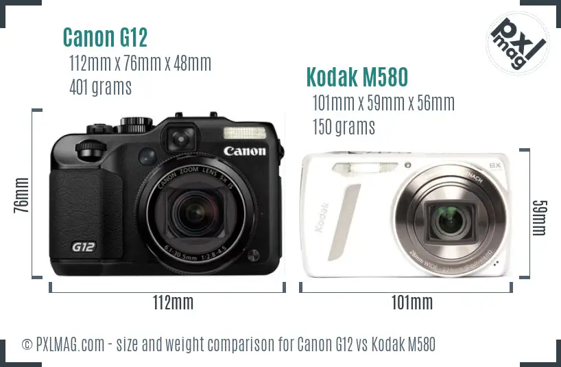 Canon G12 vs Kodak M580 size comparison
