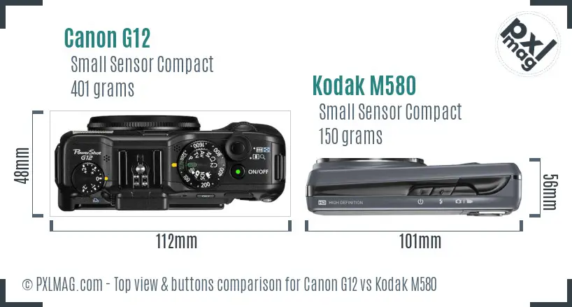 Canon G12 vs Kodak M580 top view buttons comparison