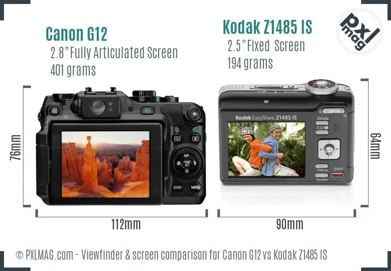 Canon G12 vs Kodak Z1485 IS Screen and Viewfinder comparison