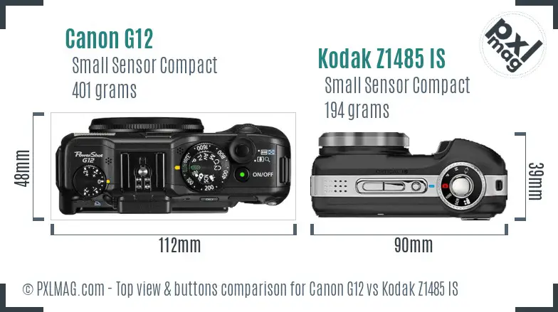 Canon G12 vs Kodak Z1485 IS top view buttons comparison
