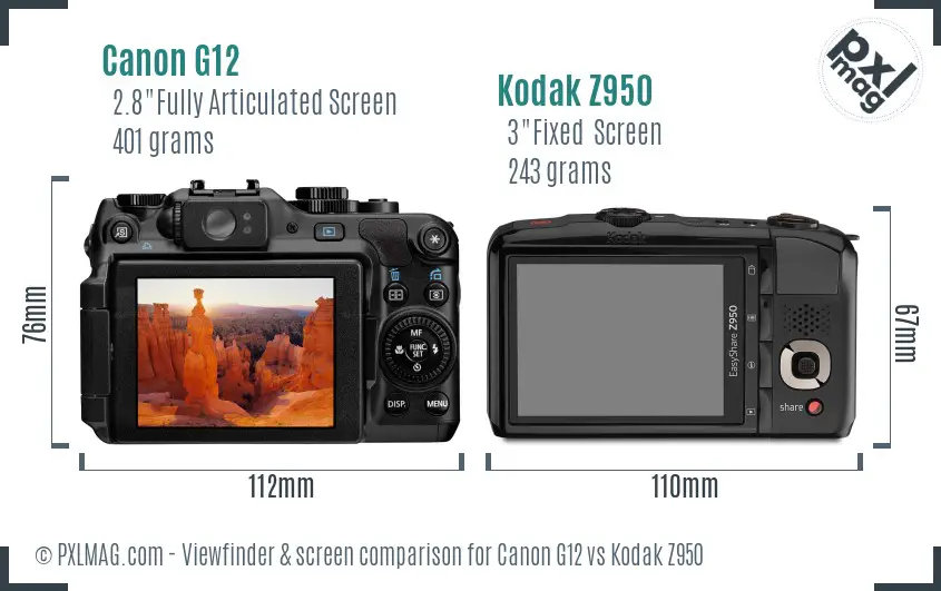 Canon G12 vs Kodak Z950 Screen and Viewfinder comparison