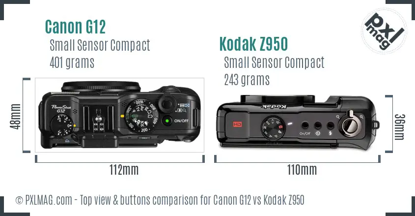 Canon G12 vs Kodak Z950 top view buttons comparison