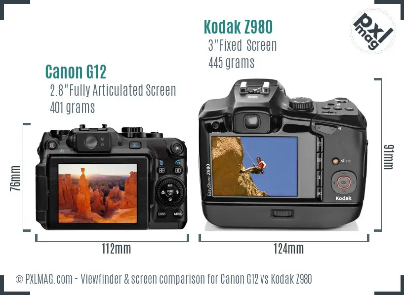 Canon G12 vs Kodak Z980 Screen and Viewfinder comparison