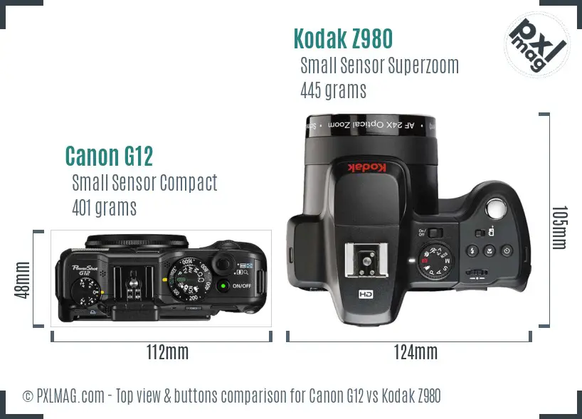 Canon G12 vs Kodak Z980 top view buttons comparison