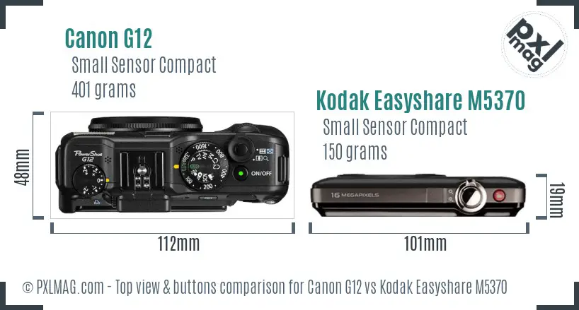 Canon G12 vs Kodak Easyshare M5370 top view buttons comparison