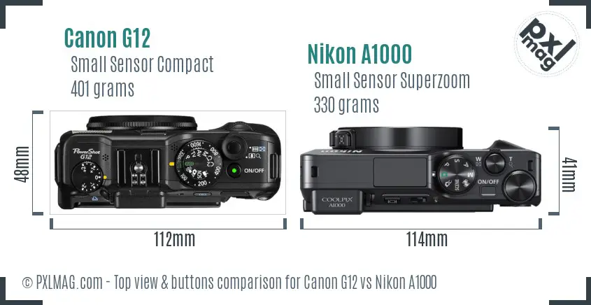 Canon G12 vs Nikon A1000 top view buttons comparison Canon G12 vs Nikon A1000 top view buttons comparison