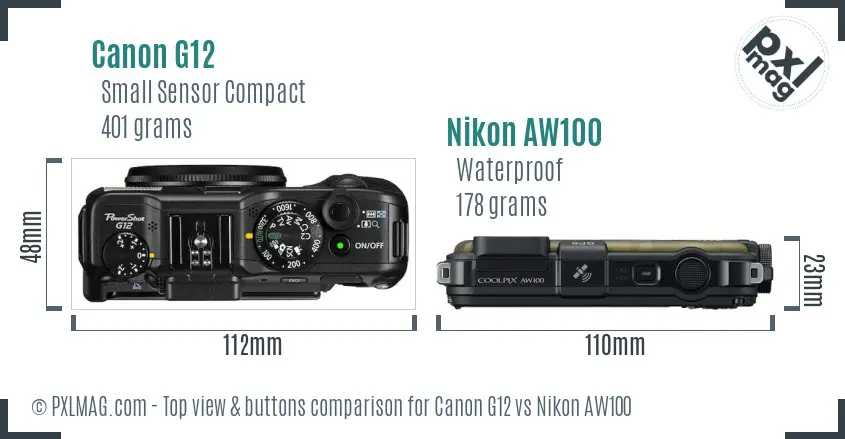 Canon G12 vs Nikon AW100 top view buttons comparison
