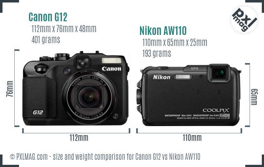 Canon G12 vs Nikon AW110 size comparison