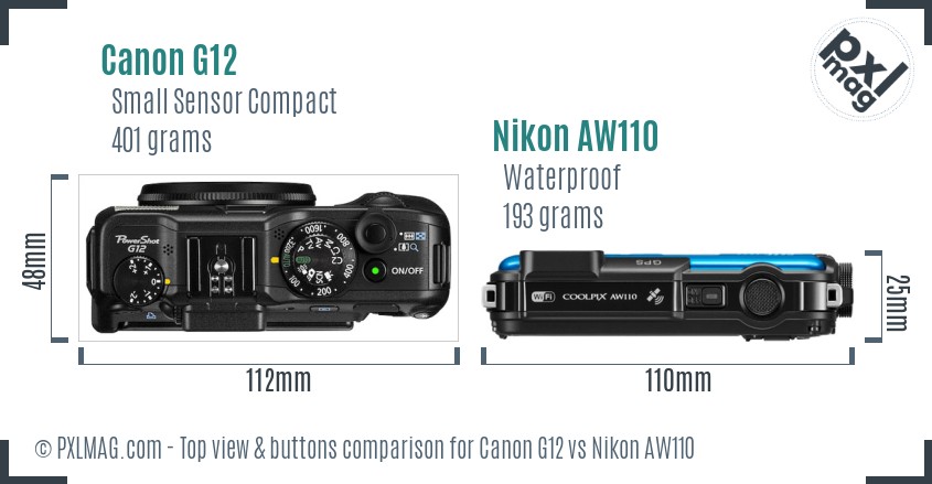 Canon G12 vs Nikon AW110 top view buttons comparison
