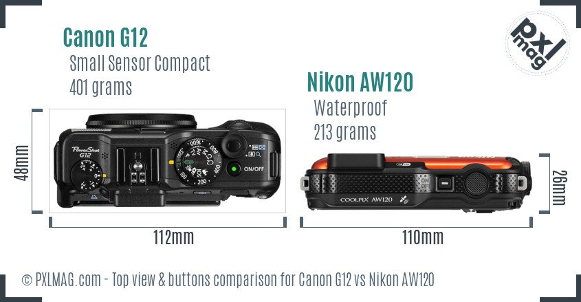 Canon G12 vs Nikon AW120 top view buttons comparison