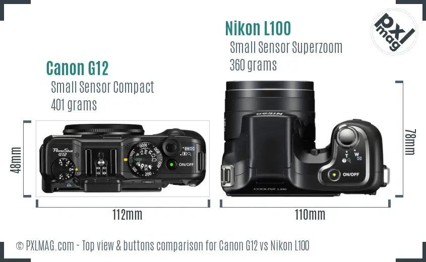 Canon G12 vs Nikon L100 top view buttons comparison