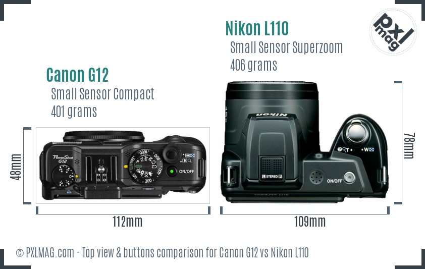 Canon G12 vs Nikon L110 top view buttons comparison