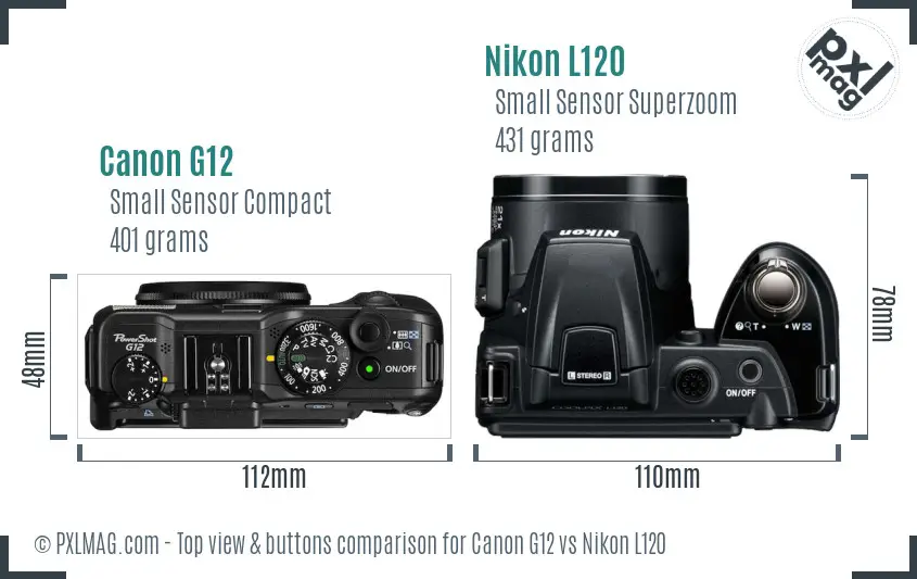 Canon G12 vs Nikon L120 top view buttons comparison