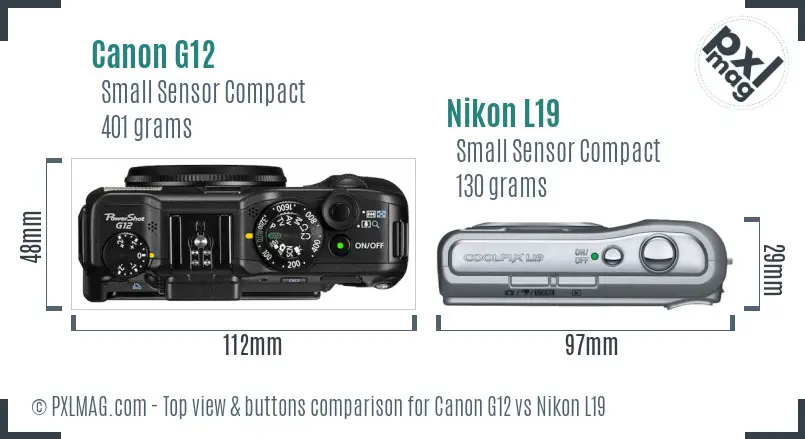 Canon G12 vs Nikon L19 top view buttons comparison