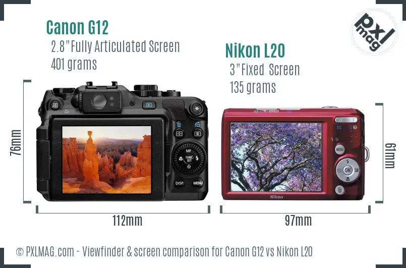 Canon G12 vs Nikon L20 Screen and Viewfinder comparison