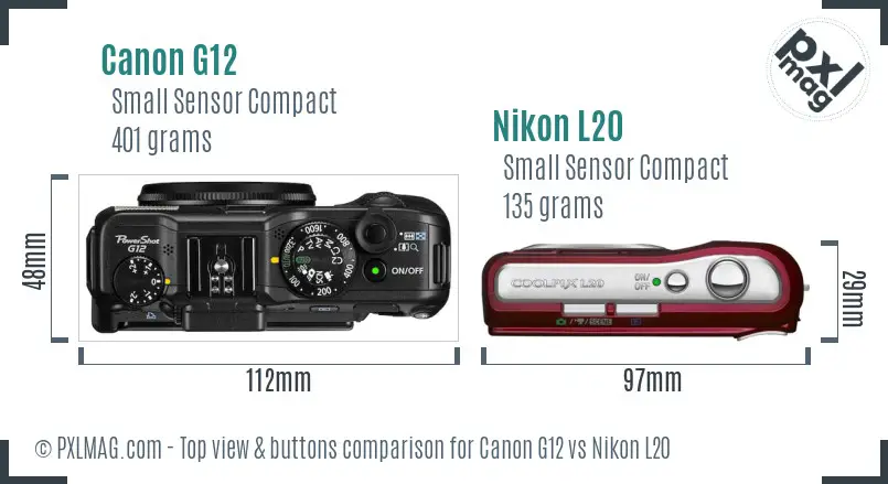 Canon G12 vs Nikon L20 top view buttons comparison