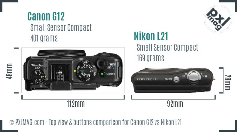Canon G12 vs Nikon L21 top view buttons comparison