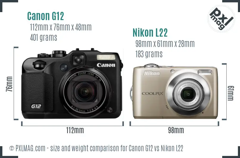 Canon G12 vs Nikon L22 size comparison