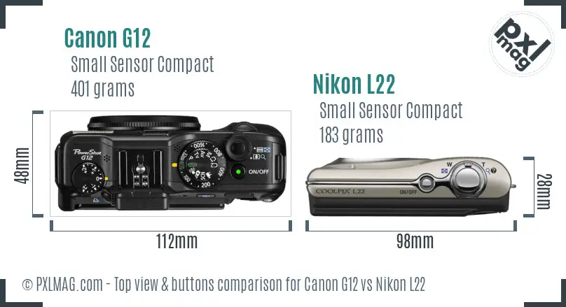 Canon G12 vs Nikon L22 top view buttons comparison