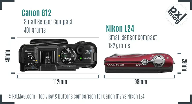 Canon G12 vs Nikon L24 top view buttons comparison