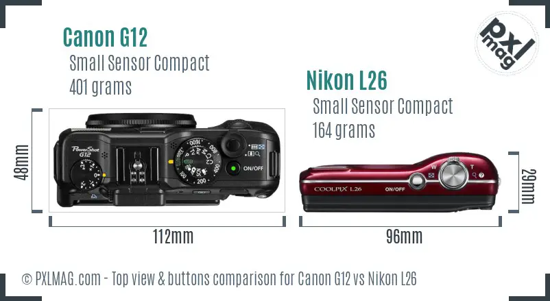 Canon G12 vs Nikon L26 top view buttons comparison