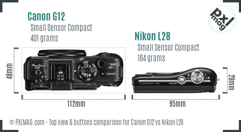 Canon G12 vs Nikon L28 top view buttons comparison