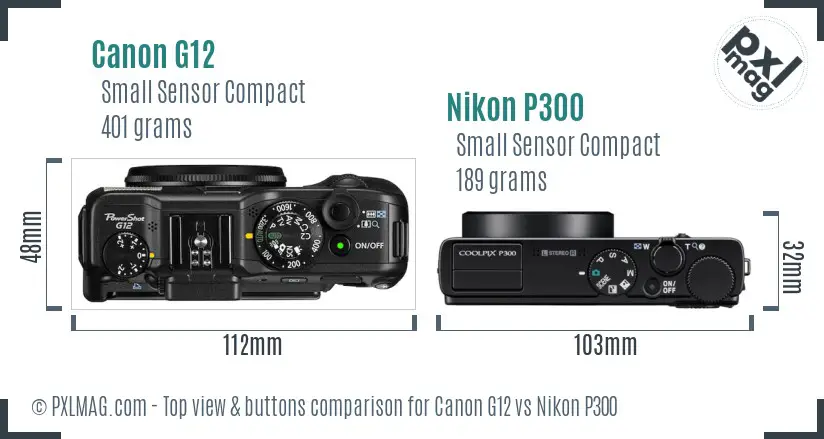 Canon G12 vs Nikon P300 top view buttons comparison