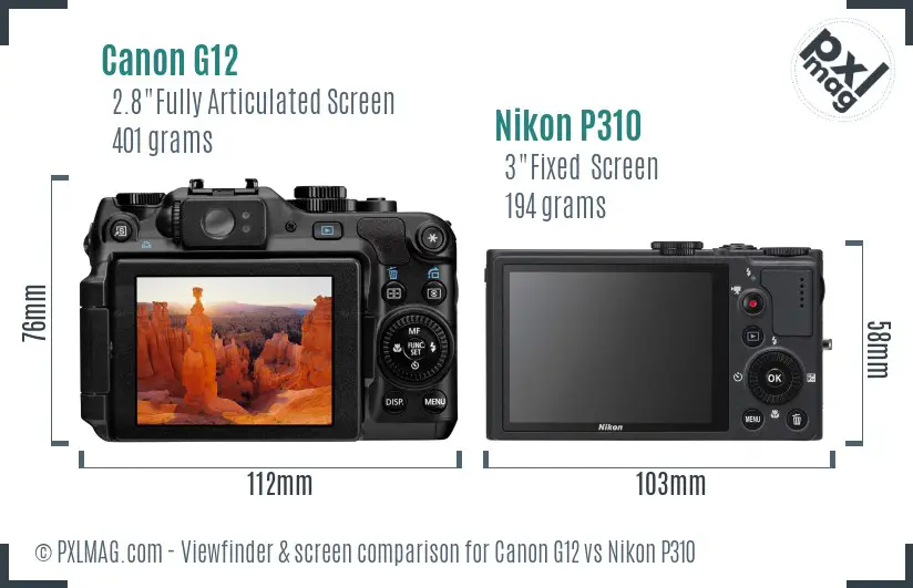 Canon G12 vs Nikon P310 Screen and Viewfinder comparison