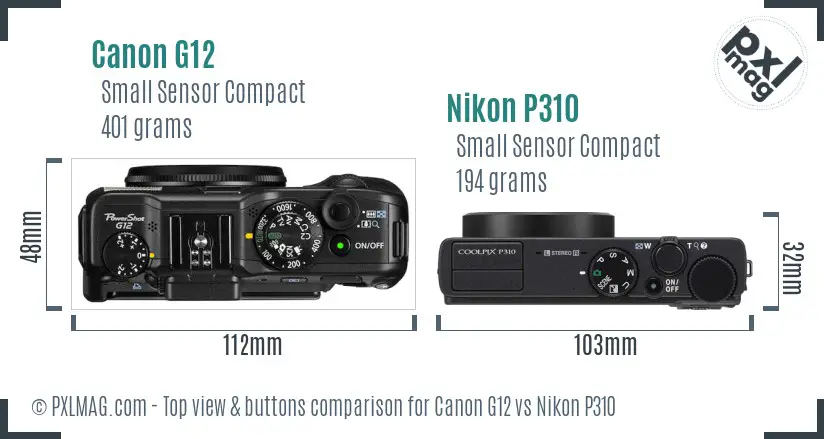 Canon G12 vs Nikon P310 top view buttons comparison