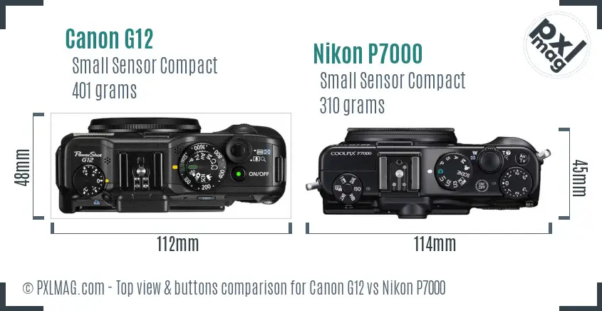 Canon G12 vs Nikon P7000 top view buttons comparison