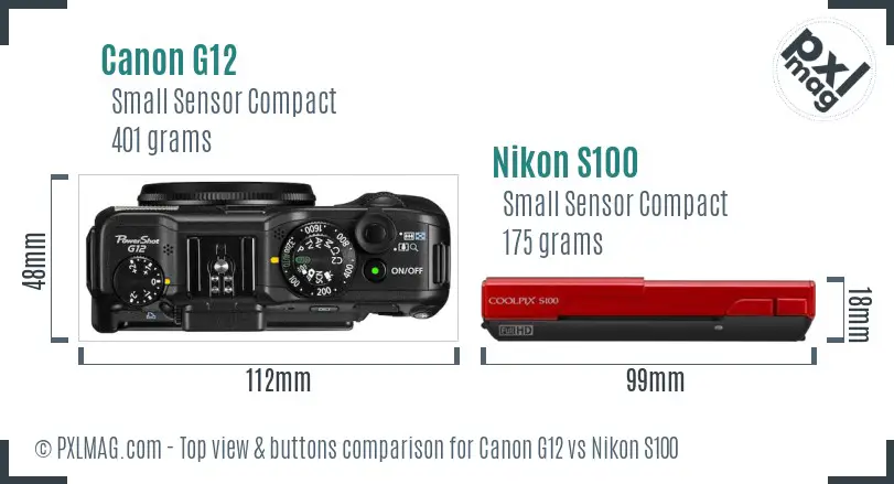 Canon G12 vs Nikon S100 top view buttons comparison