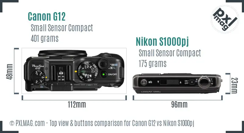 Canon G12 vs Nikon S1000pj top view buttons comparison